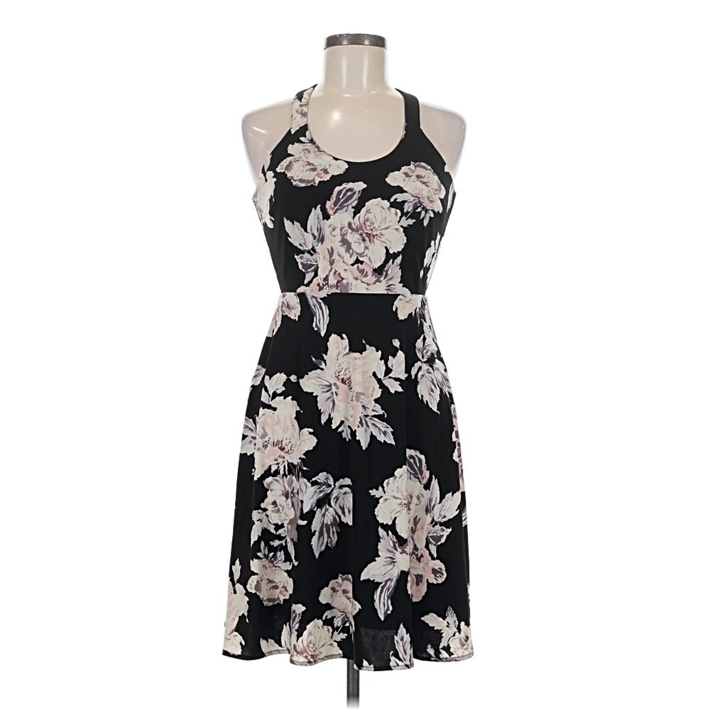 Collective Concepts Womens Floral Halter Open Back Fit Flare Dress Black White M